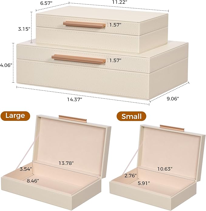 Decorative Box, Decorative Boxes with Lids 2-Set, Memory Box for Keepsakes, Beautiful PU Leather Decorative Storage Boxes in Style, Decor Box with Rose Metal Handle, Store Photos, Documents Beige