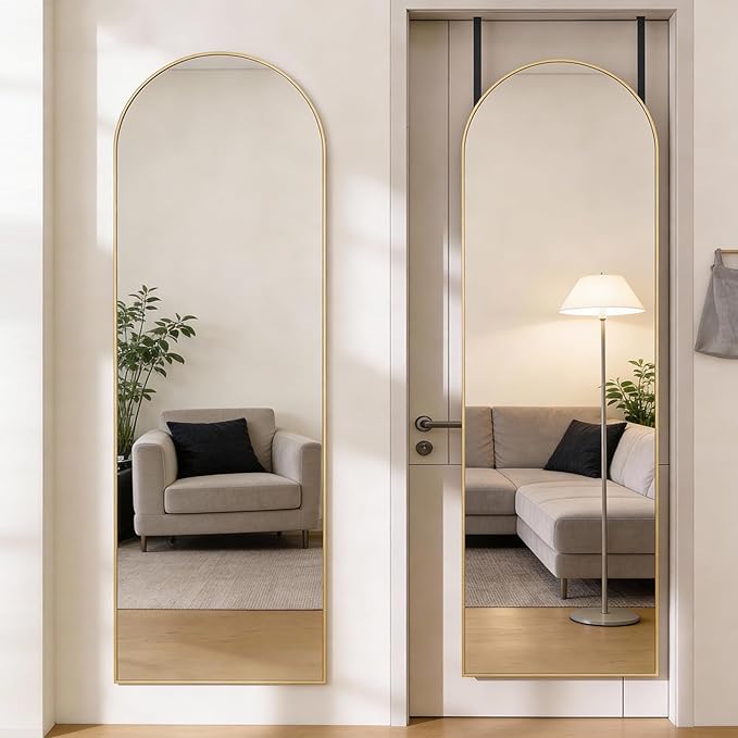 DUMOS 47"x14" Full Length Door Mirror, Arched Full Body Mirror with Aluminum Alloy Thin Frame, Leaning or Hanging, Suitable for Bedroom, Livingroom, Cloakroom, Gold