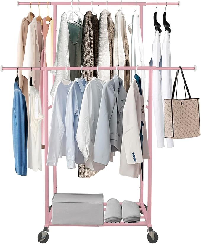Fishat Portable Pink Double Rods Garment Rack with Rolling Clothes Organizer on Lockable Wheels Mobile for Gilr Women, 48" W x 15" D x 67" H, Metal Simple Hanging Clothes with 2 Hook