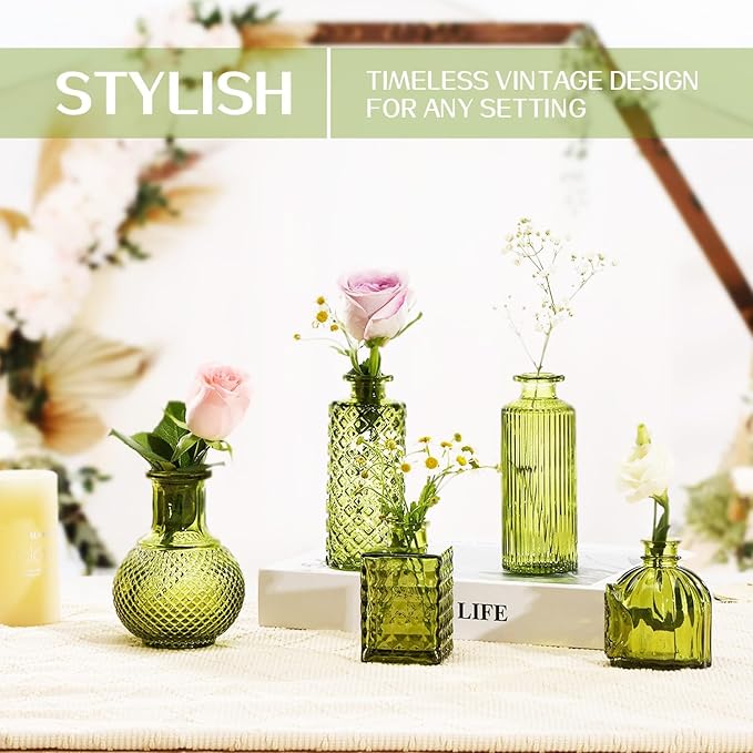 24PCS Mini Bud Vases As Wedding Centerpieces for Tables,Clear Bud Vases for Flowers,Small Flower Vases Suitable for Birthday Party,Anniversary,Wedding Reception,Baby Shower (Green, 24PCS)