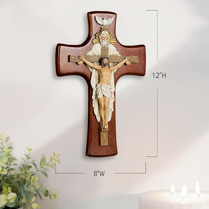Grace4Joy Holy Trinity Wall Cross, 12 Inches Holy Trinity Crucifix Catholic Home Decor, Hand-Painted Resin Jesus on Wooden Crucifix Religious Housewarming Gifts
