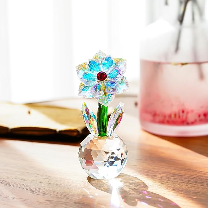 Crystal Sunflower Figurine Handcrafted Glass Flowers Collectible Small Sunflower Paperweight Table Decoration for Home Decor(3.7 * 1.8inch)