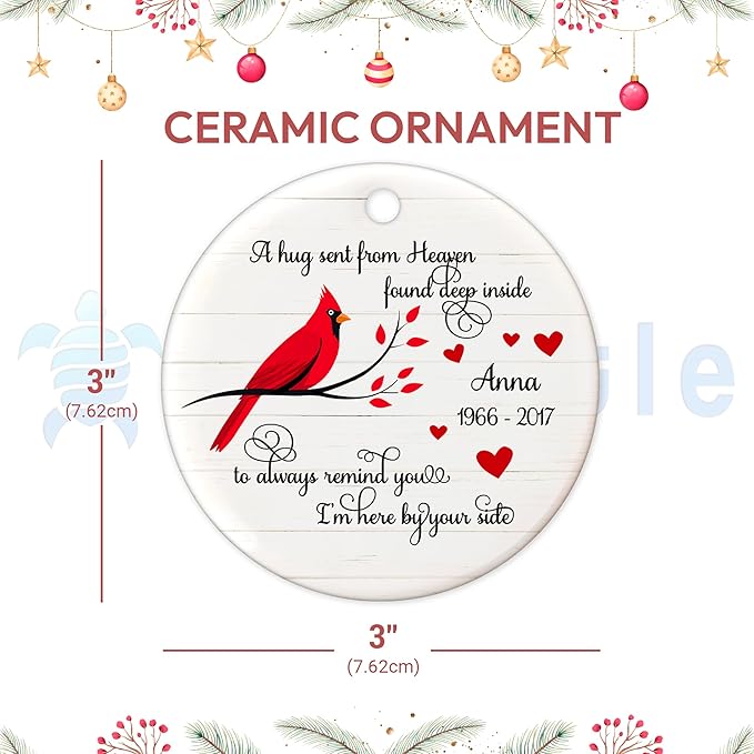 HYTURTLE Personalized Memorial Christmas Ornament Tree Decor Gifts for Family Loss of Loved One Mom Dad in Heaven, Sympathy Remembrance Bereavement Gifts, Cardinal Bird Custom Name Circle Ornament