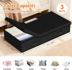 Under Bed Storage Containers with Lids - 3 Pack, Foldable and Stackable Clothes Storage Bags with Clear Window, 3-Sided Handles and Label Slot for Clothing, Blankets, Pillows (Black)