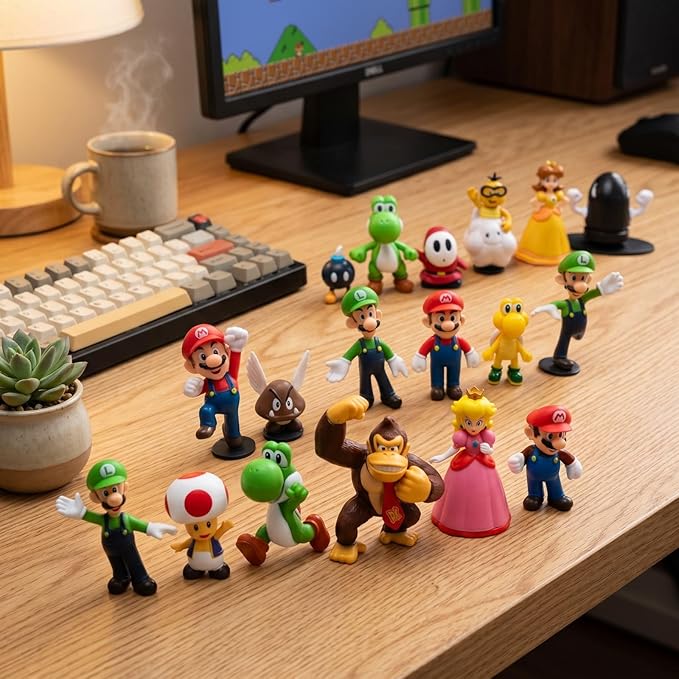 18 Pcs Mario Figurines Set, Mario Mini Collection Figures, Ideal for Cake Toppers & Party Scene Decor