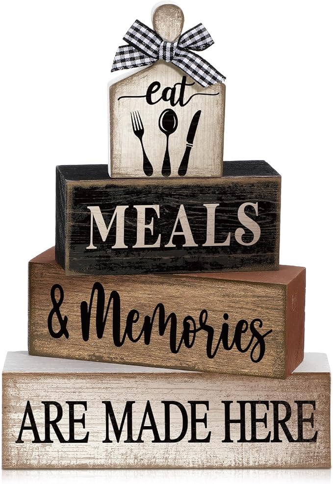 Moucuny 4 Pcs Farmhouse Kitchen Decor Wooden Plate Farmhouse Table Decor Black Brown and White Tableware Centerpiece Rustic Decorative Plates Stacked Block Sign for Display Cabinet Kitchen Decoration