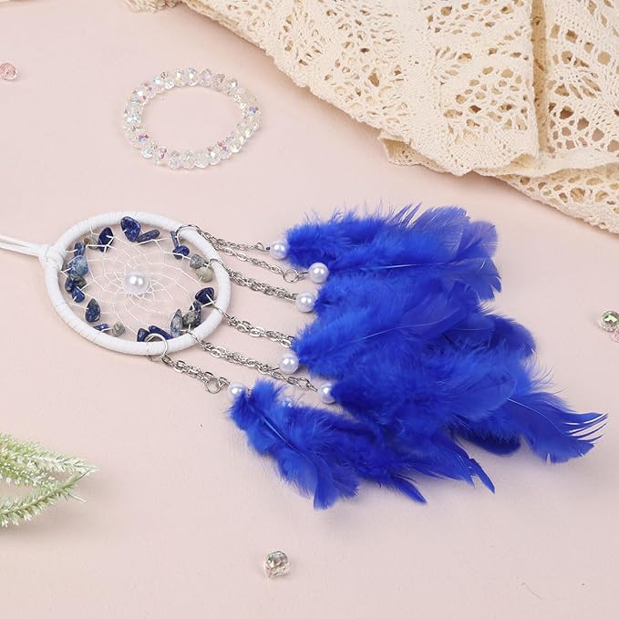 Pretty Jolly Crystal Stone Small Dream Catchers Blue Feathers Mini Dreamcatchers with Beads for Car Rear View Mirror Hanging Decoration Good Luck Travel Charm Little Bedroom Ornaments for Women Girls