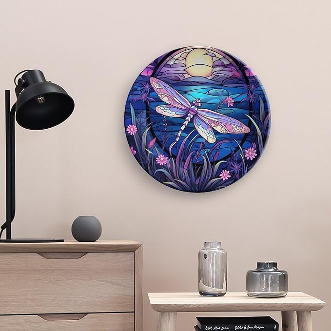 Bright Color Dragonfly Purple Stained Glass Print Decorative Plates Home Decor Ceramic Plates, Dinner Plates Display for Kitchen, Hallway Console Side Table, Presents for Dragonfly Lover, 10 Inch
