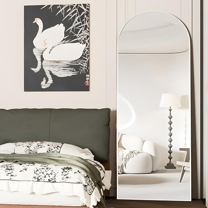 Full Length Mirror, 56"x16" Arch Floor Mirrors with Stand, White Arched Full Body Standing or Leaning Mirror for Bedroom, Living Room