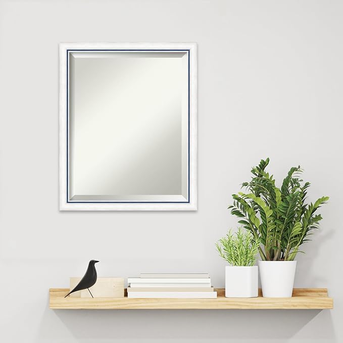 Amanti Art White Wall Mirror 22x18 Morgan White Blue Rectangle Bathroom Mirror for Wall Decor Living Room, Small Modern Wood Frame, Hangs Horizonally and Vertically, Bathroom Decor, Beveled Edge