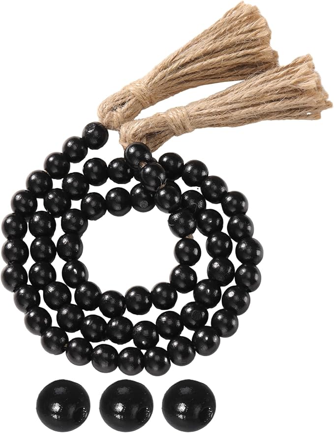 Equsion Seasonal Wooden Bead Garland with Tassels, 3.3 ft Holiday Vintage Boho Bead Garland Easter Tray Decoration, Vase Wall Room Art Birthday Party Decoration(Black)