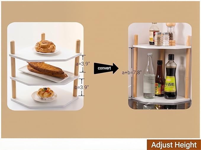 3-Tier Expandable Bamboo Corner Shelf - Dish/Plate Organizer for Cabinet, Kitchen Counter Shelf & Small Kitchen Shelf, Adjustable (White, 1-Pc 3.90" H)