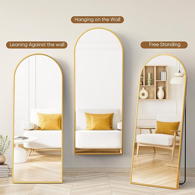 DUMOS 70.4"x25.6" Arched Full Length Mirror with Stand, Floor Body Mirror Shatter-proorf Nano Glass with Aluminum Frame, Free Standing or Hanging Leaning Modern Simple Home Decor, Gold