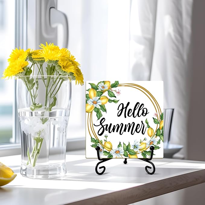 Lemon Daisy Wooden Sign Desk Decor - Hello Summer Wood Plaque with Support Stand, Summer Gifts for Women Men, Home Kitchen Office Farmhouse Shelf Desk Decor Accessories