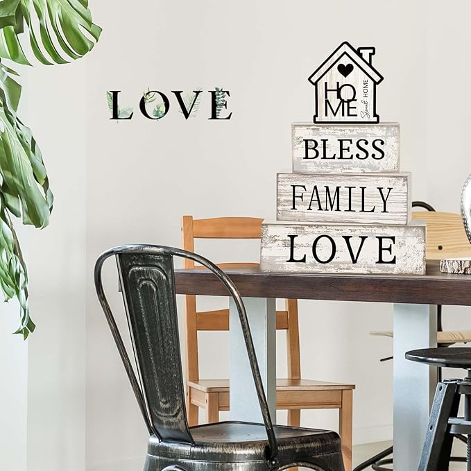 Yuntau 4 Pcs Farmhouse Wooden Tabletop Decor Sweet Home Tiered Tray Decor Rustic Retro Wood Bless Family Love Block Sign Gift Neutral Centerpiece Farmhouse Table Sign for Home Shelf Mantle