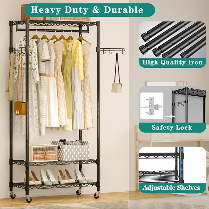 Heavy Duty Rolling Garment Rack, 3 Tiers Wire Shelves Adjustable Freestanding Portable Rolling Clothing Rack with Lockable Wheels, 35.4''L x 15.8''W x 78.8''H, Max Load 420LBS