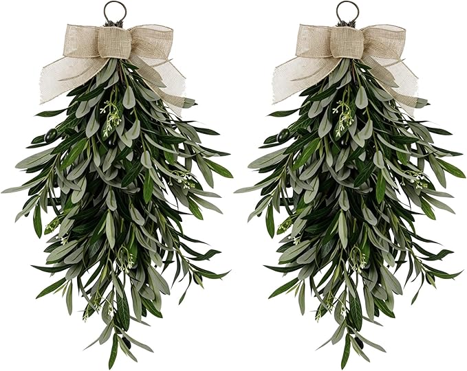 22" Artificial Teardrop Swag Olive Wreath For Front Door, 2-Pack Realistic Greenery Swag With Olive Fruit/Green Leaves/Flowers, Seasonal Artificial Olive Branch Swag for Indoor&Outdoor Decor