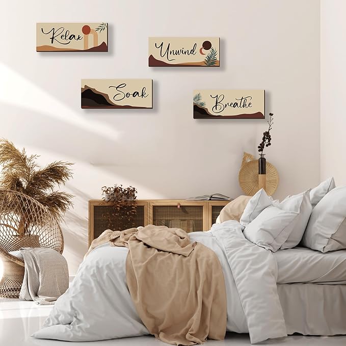 ONIZHITY 4 Pcs Boho Bathroom Decor with Relax Soak Unwind Breathe Relaxing Quotes Bohemian Wooden Hanging Wall Art Farmhouse Abstract Decoration for Bedroom Living Room Office (10X4 Inch)