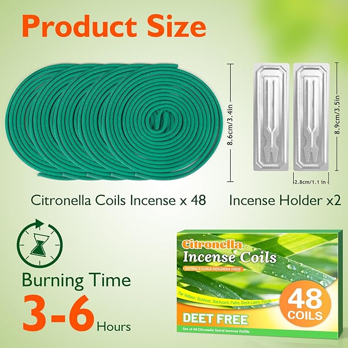 SCENTORINI Citronella Coils, 48 PCS Citronella Incense with Coil Holder, Suitable for Summer Home Outdoor Use, Pool Side, Patio, Camping, Porches, Courtyards, Farms, Garden Planting Area