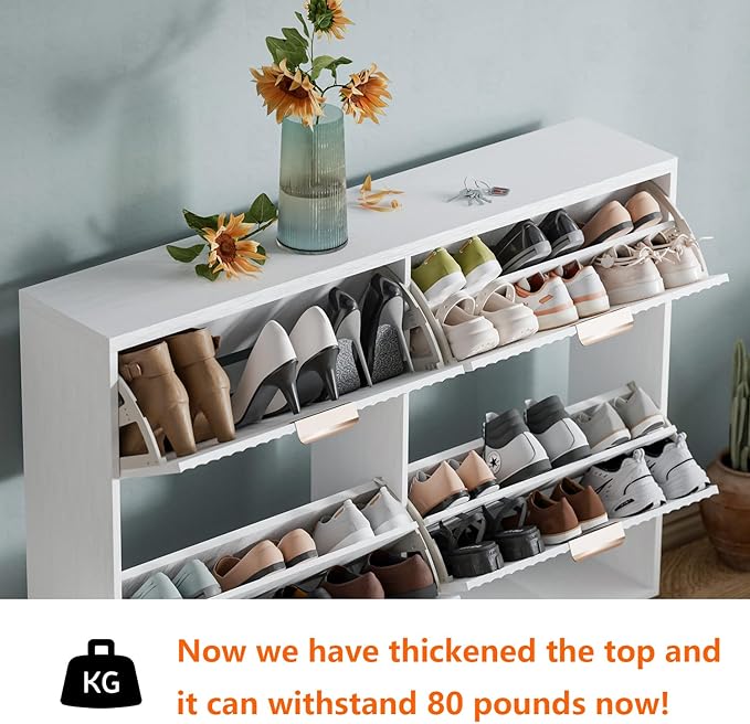 Shoe Cabinet Storage,Modern Freestanding Organizer with 4 Flip Drawers,Narrow Shoe Rack Cabinet for Entryway,White