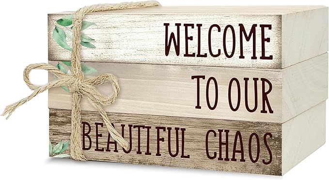 Ycyfckdr Decorative Wood Book Stack for Home, Welcome to Our Beautiful Chaos, Rustic Table and Living Room Bookshelf Farmhouse Decor (L68)