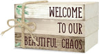 Ycyfckdr Decorative Wood Book Stack for Home, Welcome to Our Beautiful Chaos, Rustic Table and Living Room Bookshelf Farmhouse Decor (L68)