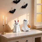 2 pcs Ghost Figurines Halloween Indoor Decoration, White Cute Ghost Halloween Table Decor Tiered Tray Decorations,Funny Devil&Pumpkin Ghost Figurine Resin Statue Centerpieces