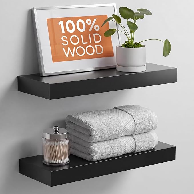 Homeforia Black Floating Shelf 18 inch, High End Solid Real Wood 18inch Bathroom Floating Shelves for Wall Mounted, Black Wooden 18in Floating Shelves, Heavy Duty Bracket, 18 X 6.5 X 1.75 in, Set of 2