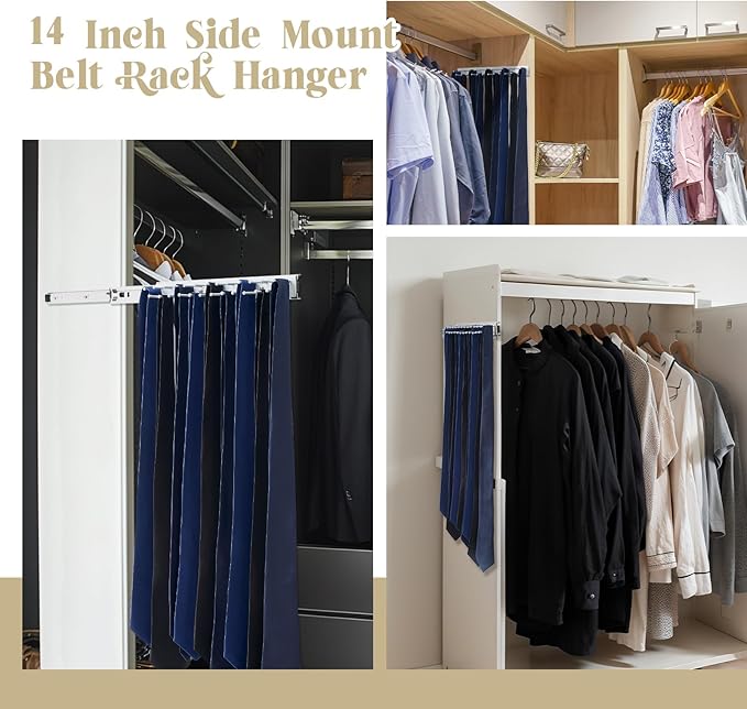Blulu 1 Pcs 13.8'' Sliding Tie Rack Hanger for Closet, 25 Tie Pull Out Wall Mounted Extending Sturdy Metal Belt Organizer Holder for Men Belt Storage, Sliver