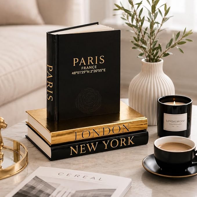 Decorative Books for Home Decor – Decorative Hardcover Display Faux Books for Bookshelf – Black and Gold Foiled Decor Books for Coffee Table – Fashion Designer Books Decor Set of 3 (Black and Gold)