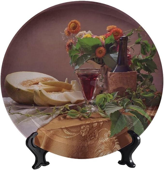 Decorative Plates, 6 Inch, Floral Cantaloupe Wine Round Display Plate, Handmade Ceramic Ornament, for Kitchen Party Coffee Table Decor Art