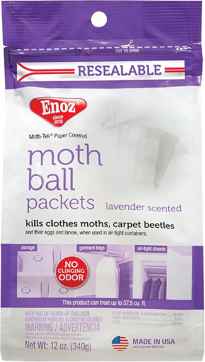 Enoz Lavender Scented Moth Ball Packets, Kills Clothes Moths, Carpet Beetles, Eggs and Larvae, 12 oz Resealable Bag (Pack of 3)