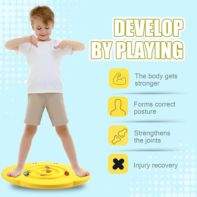 Kids Maze Balance Board Plastic Wobble Rocker Balance Board with Mini Balls Load 170lb for Balancing Exercise Equipment Game Boys Girls Physical Therapy 18.5 x 14.57 Inch(Yellow,Cute)