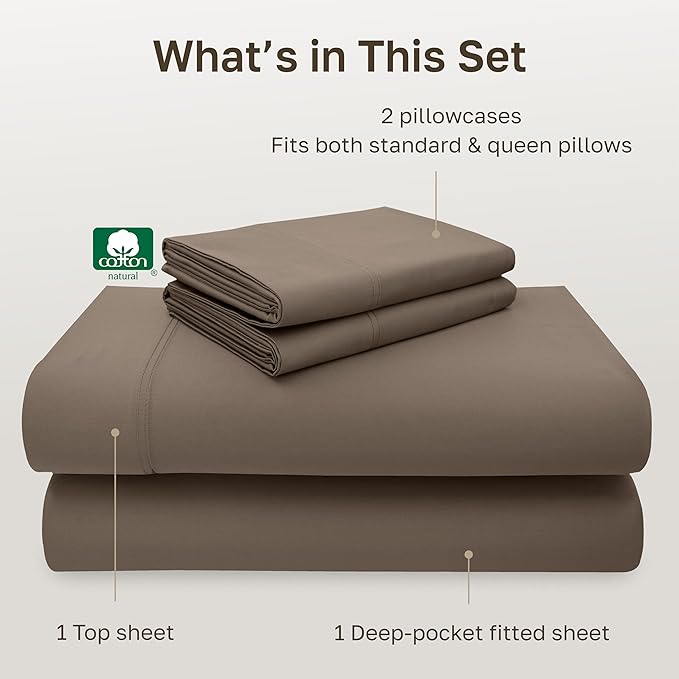 California Design Den 100% Cotton Full Size Bed Sheets, 600 Thread Count Sateen, Soft, Cooling Brown Full Size Sheet Set with Deep Pockets, Hotel-Quality Bedding (Mushroom - Taupe Brown)