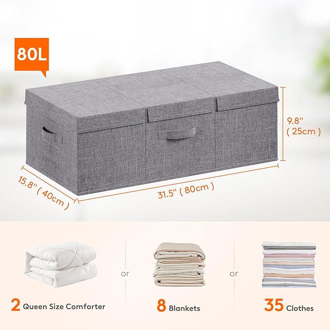 Lifewit 80L Under Bed Storage Containers, 9.8 Inch Tall Underbed Clothes Storage Organizer Bin with Sturdy Sidewalls, Bottom, 3 Lids, Deep Storage Drawer for Clothes, Shoes, Blankets, Pillows 2 Pack