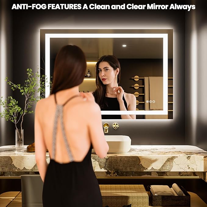 LOAAO 50"x34" LED Bathroom Mirror with Lights, Anti-Fog, Dimmable, Backlit + Front Lit, Lighted Bathroom Vanity Mirror for Wall, Memory Function