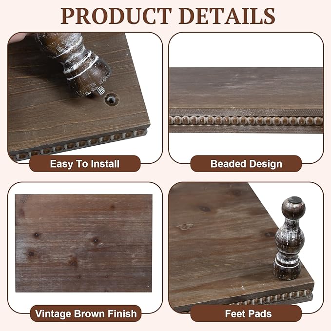 MAONAME Wood Display Risers Decorative Tray Set of 3, Farmhouse Pedestal Stand for Display Home Decor, Vintage Brown Beaded Wooden Tray for Kitchen Counter, Short and Tall Footed