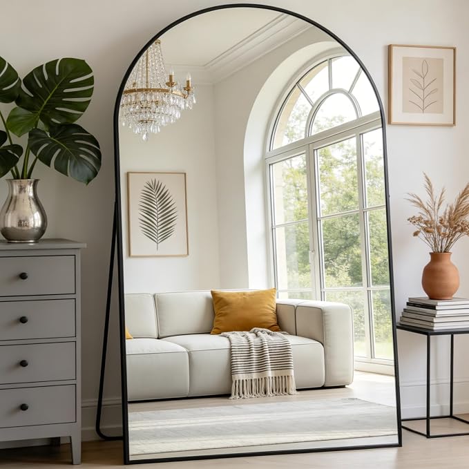Prywot Full Length Mirror, Oversized 90"x46" Arched-Top Floor Mirror, Free Standing Mirrors, Modern Full Body Mirrors with Aluminum Alloy Frame for Bedroom,Living Room, Black
