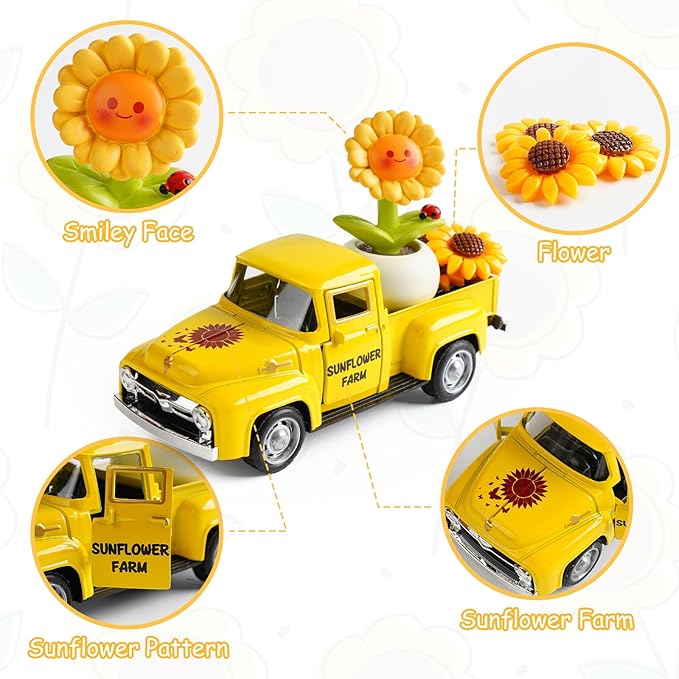 Sunflower Truck Decor, Yellow Vintage Pickup Truck with Sunflower Arrangement, Rustic Farmhouse Summer Tiered Tray Decor, Kitchen Table Centerpiece, Home Office Shelf Decorations