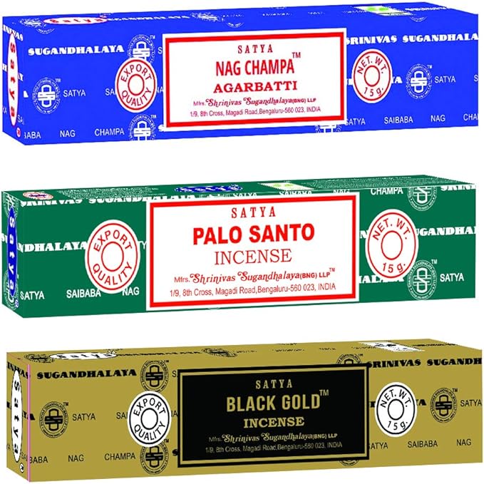 Satya Meditation Mix Incense Sticks 3-Pack Assortment | Slow-Burning, Long-Lasting Nag Champa, Palo Santo & Black Gold (15g Each)