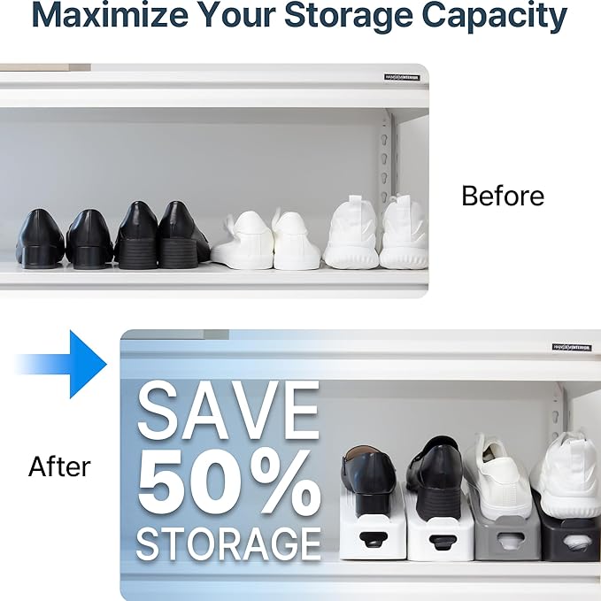 One-Piece Shoe Slot Organizer 10 Pack, Space-Saving Stackers for Closet, Entryway & Shoe Rack | No Assembly Needed