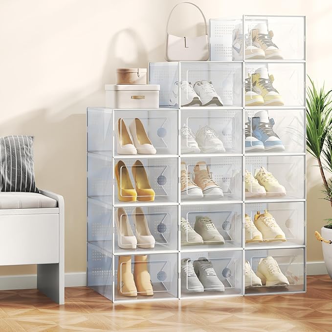 NEWBULIG 15 Pack Clear Shoe Storage Boxes, Shoe Organizer for Closet with Lid, Plastic Stackable Breathable Shoe Cabinet with Lid for Sneakers, Heels & Boots, White