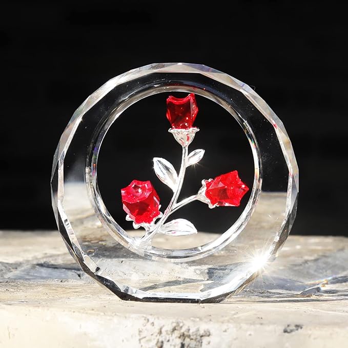 LONGWIN Crystal Tulips Flower Figurines with a Outer Circular Ring, Glass Spring Bouquet Collectible Figurines Home Decor Ornaments Ruby