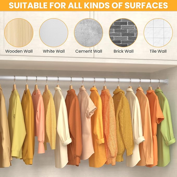 Closet Rods for Hanging Clothes, 17-99 Inch No-Cut Stepless Adjustable Closet Rod, 1.3 Inch Heavy Duty Metal Closet Hanging Rod with Brackets, White Closet Bar for Closet, Laundry Room, RV, Wardrobes