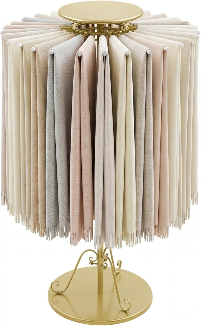 Novabright Freestanding Scarf Display Rack with 30 Rods, 360° Rotating Gold Tie Belt Hanger Shawl Shelf Hijab Stand, 35.43-56" Height Adjustable Scarf Holder for Boutique Clothing Store Home Storage