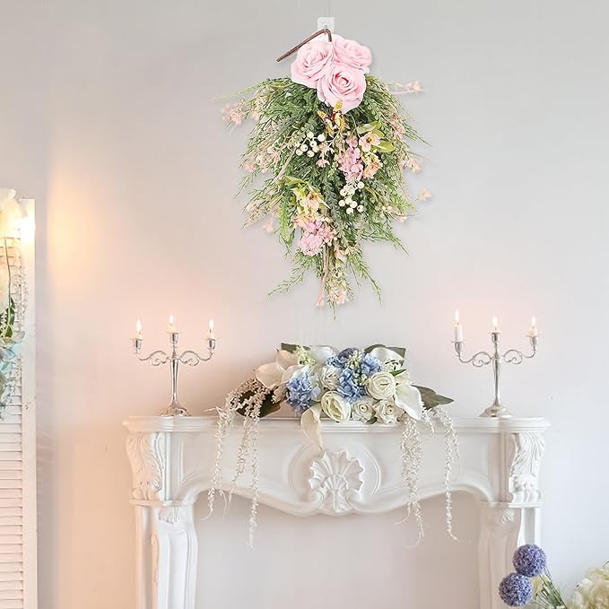 Artificial Floral Swags, 20inch Spring Teardrop Swag, Decorative Floral Swag with Rose Flowers and Berries, Artificial Rose Flower Swag Wedding Arch Flowers Floral Arrangement
