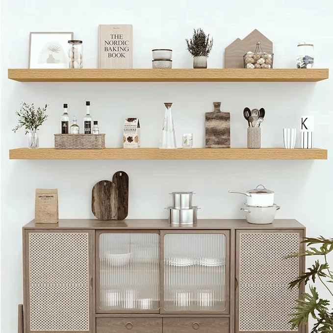 Vivelove 12" Deep Floating Shelves with Invisible Brackets, 72" Wall Shelves for Bathroom Bedroom Kitchen Living Room Laundry Room, Modern Rustic Shelves for Home Decor, 72"x12"x2", Set of 1, Oak