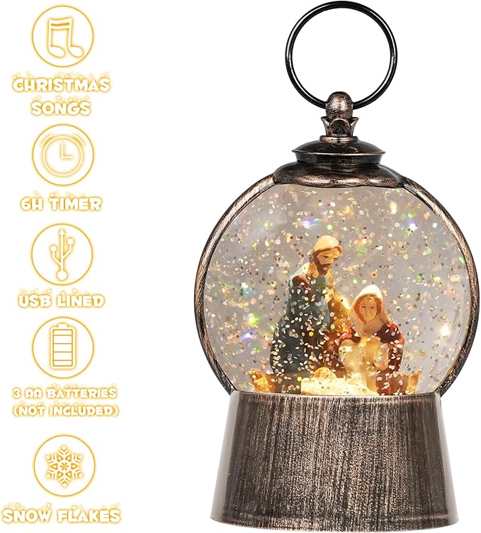 Nativity Snow Globe Christmas Snow Globe Lantern, Light up Nativity Sets for Christmas Indoor Decor, Silent Night Music with Swirling Glitter, USB Powered & Battery Nativity Scene Holy Family