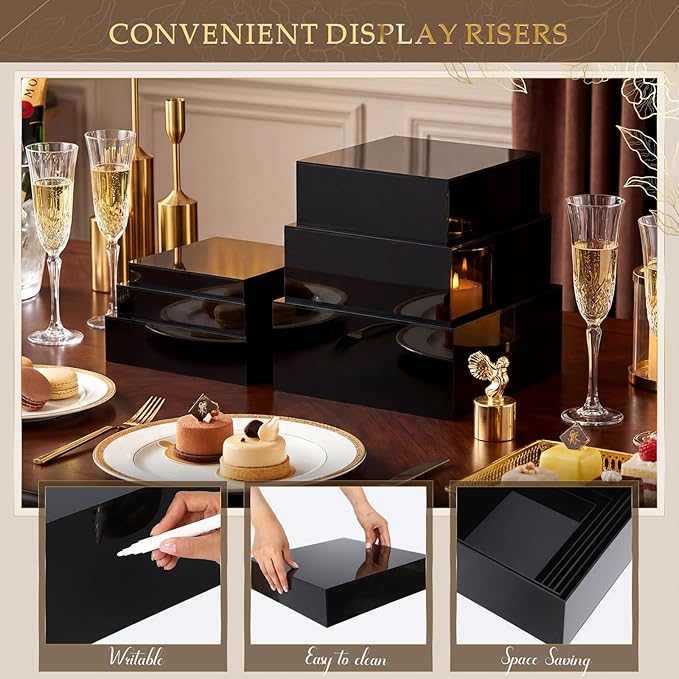 Geelin 6 Pack Acrylic Risers for Display Acrylic Cube Boxes Risers Display Stands with Hollow Bottoms Decorative Stand for Jewelry Candy Table Decor 6 Sizes(Black,10 to 15 Inch,Square)