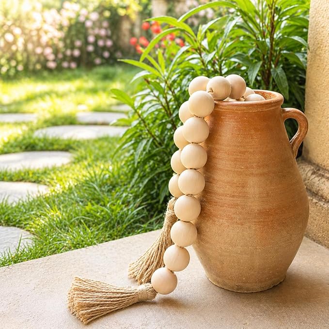 OMISHE 50" Long Extra Large Wood Bead Garland with 1.6" Diameter Wooden Beads and Tassels, Rustic Farmhouse Country Decorative Beads for Home Decor Tiered Tray Decor, Natural Beige